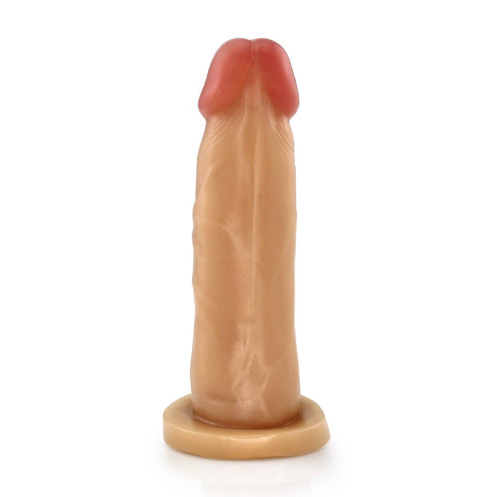 P�nis de Borracha Mimo na cor bege, em vista lateral, destacando formato anat�mico e material flex�vel