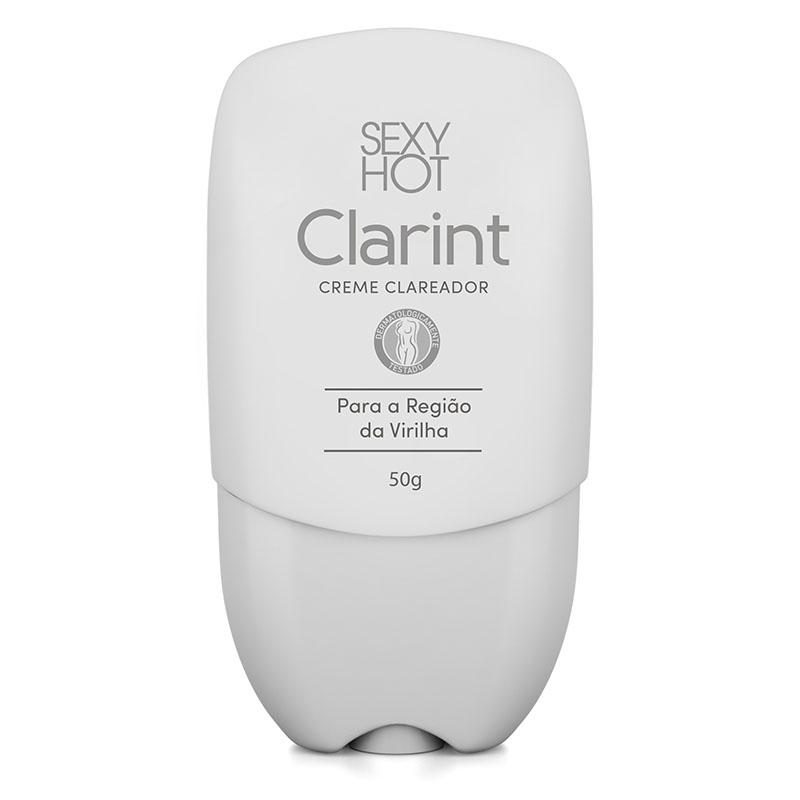 Clarint Clareador �ntimo, embalagem frontal do creme clareador com logo Sexy Hot, informa��o de 50g e indica��o para a regi�o da virilha