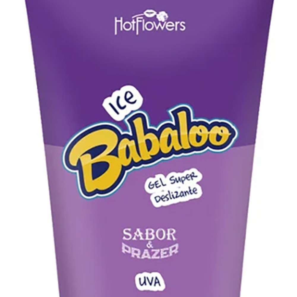 Close do frasco de Lubrificante Ice Babaloo Sabor Uva, destacando o logo Hot Flowers e a indica��o de Gel Super Deslizante