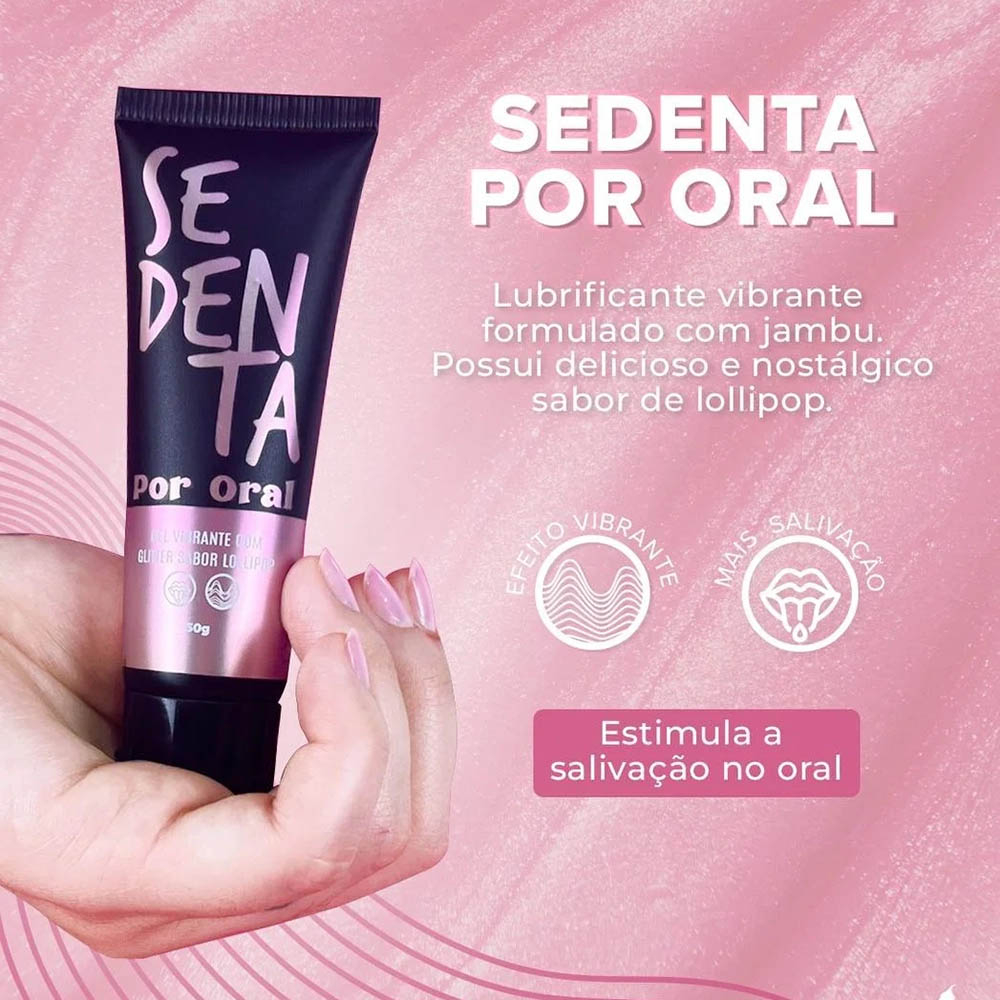 Vibrador L�quido Comest�vel Glitter Pipoca Doce 50ml, close da embalagem na m�o com texto descritivo