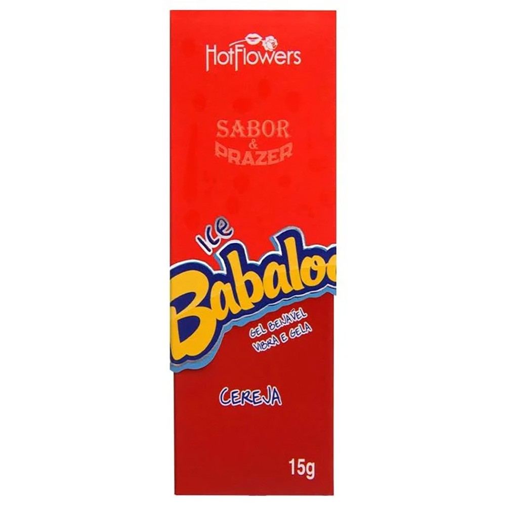 Caixa do Vibrador L�quido Beij�vel Babaloo Vibra e Gela Cereja 15ml, em vermelho com informa��es do produto.