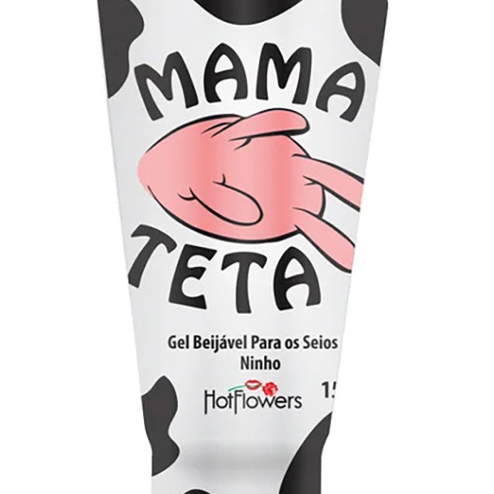 Close da embalagem do Gel Mama Teta com sabor Ninho, destacando a textura do gel e o nome Hot Flowers