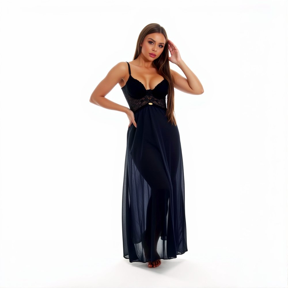 Camisola Longa Sensual em Renda com Bojo e Calcinha String Viena Preta | Foto 03