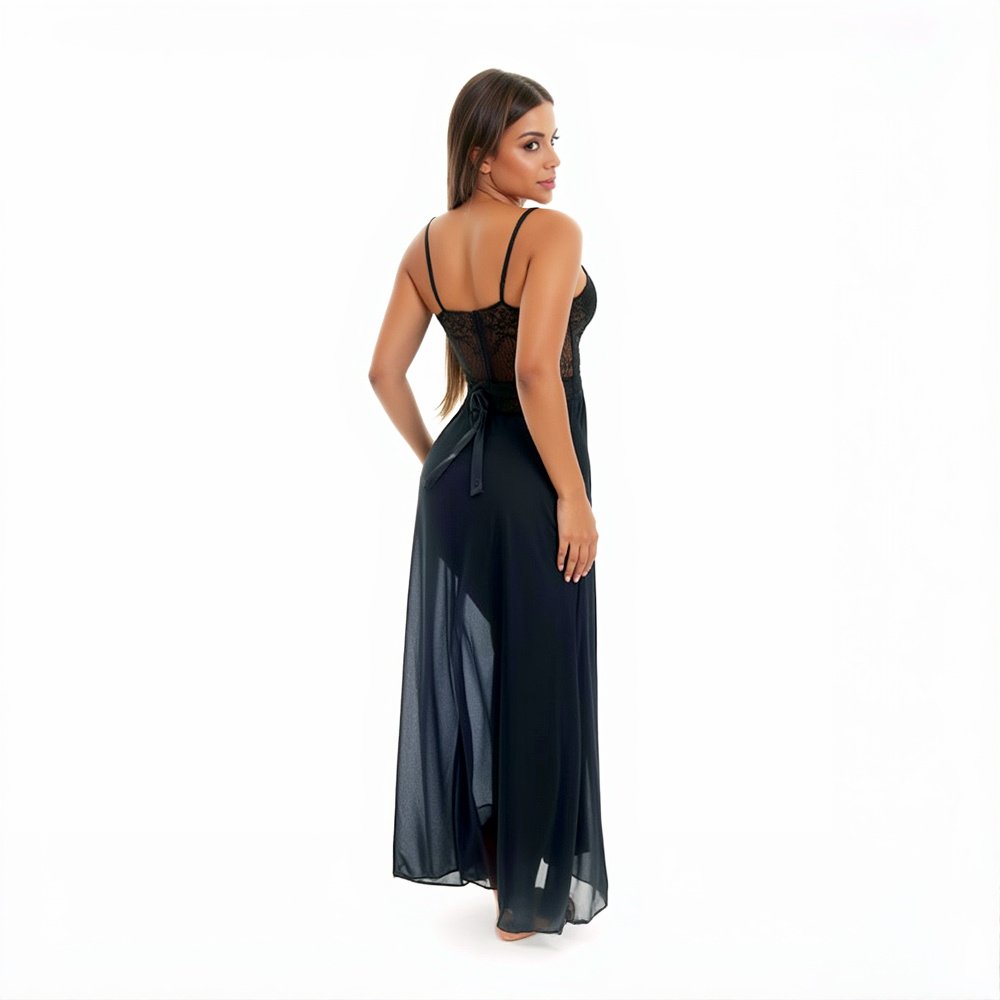 Camisola Longa Sensual em Renda com Bojo e Calcinha String Viena Preta | Foto 04