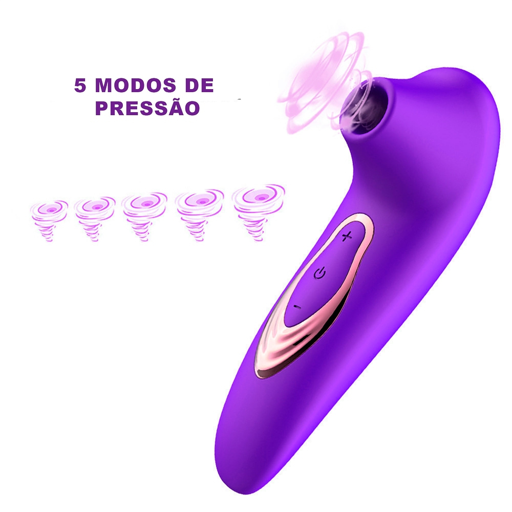 Pulsador de Clit�ris Recarreg�vel em Silicone com 5 Pulsa��es Roxo, vista lateral com texto '5 modos de press�o' e espirais indicando pulsa��es