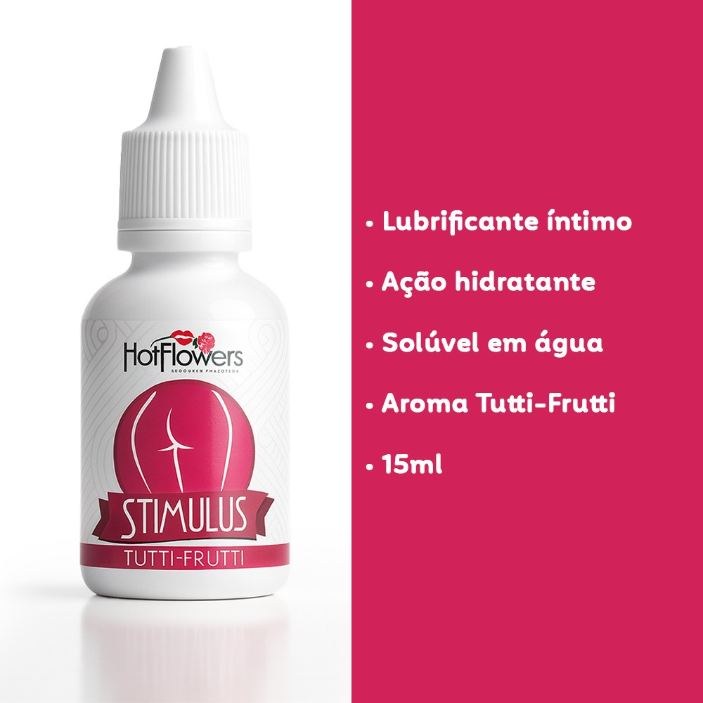 �leo para Massagem Sensual Stimulus Tutti-Frutti 15ml, mostrando frasco com informa��es de Lubrificante �ntimo, A��o Hidratante, Sol�vel em �gua e Aroma Tutti-Frutti