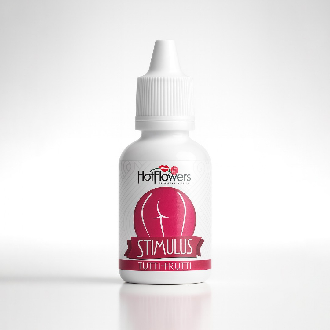 �leo para Massagem Sensual Stimulus Tutti-Frutti 15ml, com imagem do frasco em fundo branco e sem texto adicional