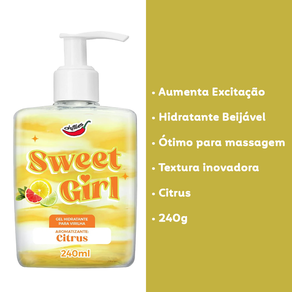 Gel Hidratante para Virilha Sweet Girl Aroma Citrus 240ml e suas caracter�sticas: aumenta excita��o, hidratante beij�vel, �timo para massagem, textura inovadora, aroma Citrus, peso 240g