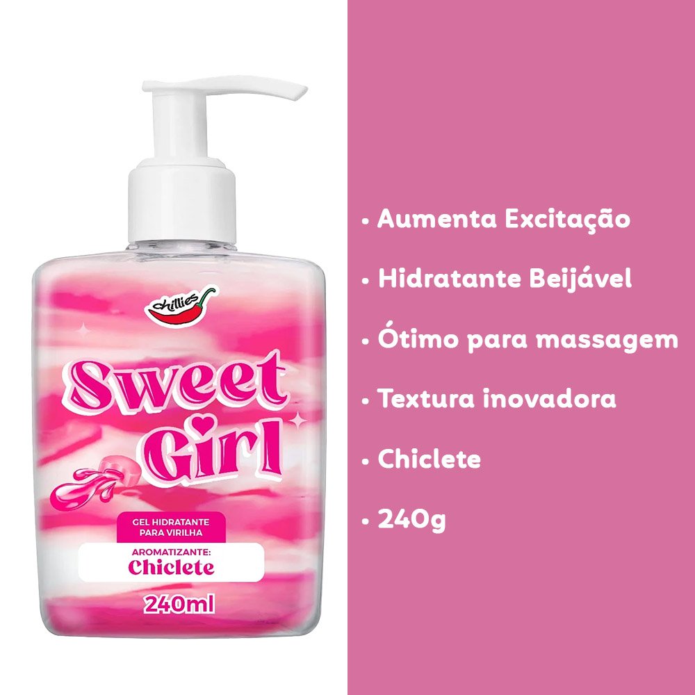 Gel Hidratante para Virilha Sweet Girl Aroma Chiclete 240ml, destacando os benef�cios de aumento da excita��o, hidrata��o beij�vel, ideal para massagem, textura inovadora e aroma de chiclete.