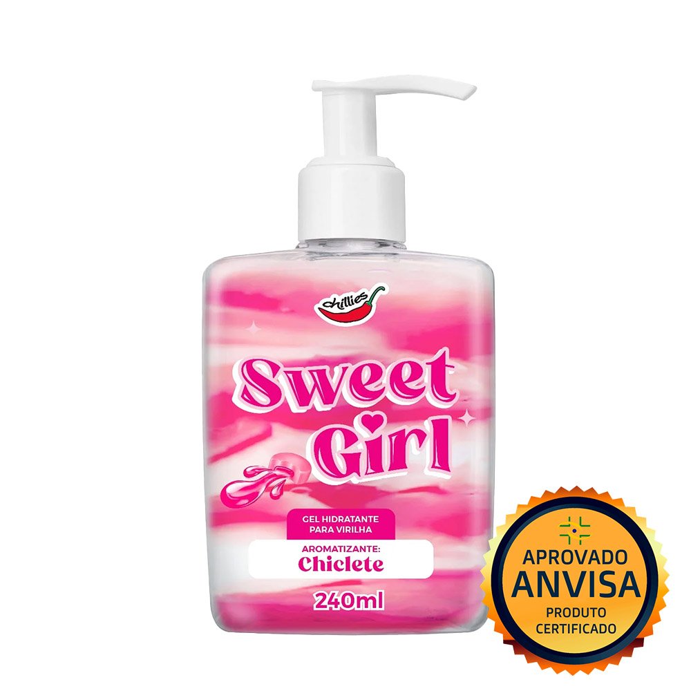 Gel Hidratante para Virilha Sweet Girl Aroma Chiclete 240ml com selo 'Aprovado ANVISA', indicando que � um produto certificado e seguro para uso.
