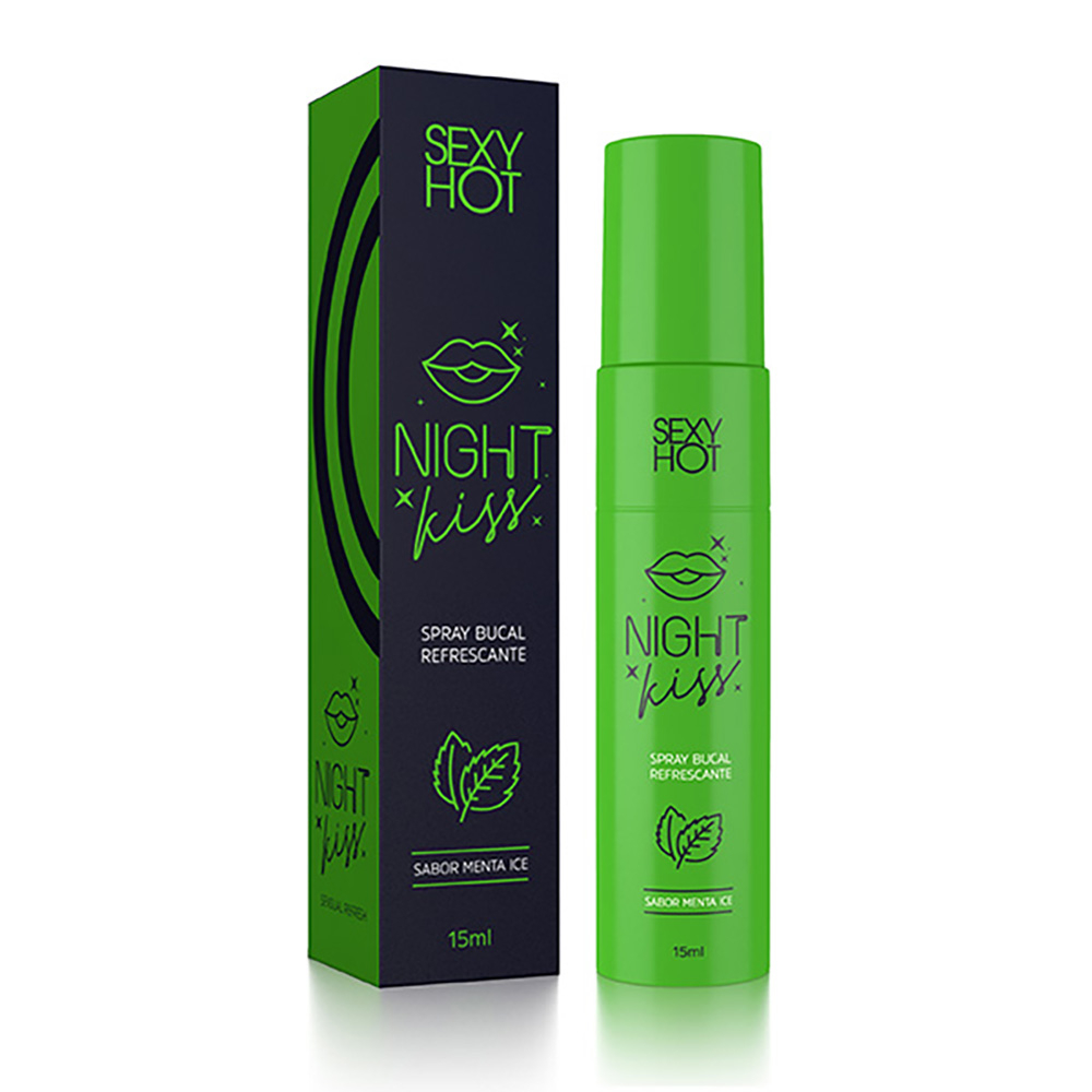 Caixa e frasco do Gel para Sexo Oral Spray Bucal Refrescante Night Kiss Menta Ice 15ml, com destaque para o design e a cor verde vibrante