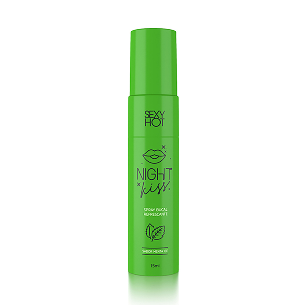 Spray Bucal Refrescante Night Kiss Menta Ice 15ml em close, mostrando detalhes do frasco verde vibrante
