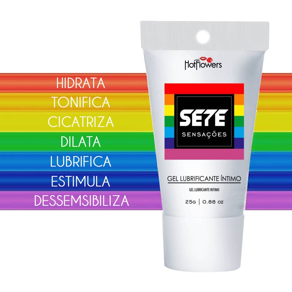 Gel Lubrificante �ntimo Sete Sensa��es 25ml Hot Flowers com fundo arco-�ris e lista de benef�cios como 'Hidrata', 'Tonifica', 'Lubrifica', 'Estimula'