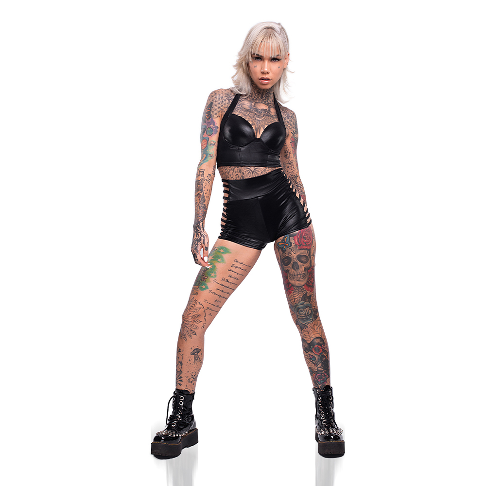 Conjunto Sensual Sexy em Cirre Shorts com Tiras Laterais e Cropped com Bojo Preto | Foto 05