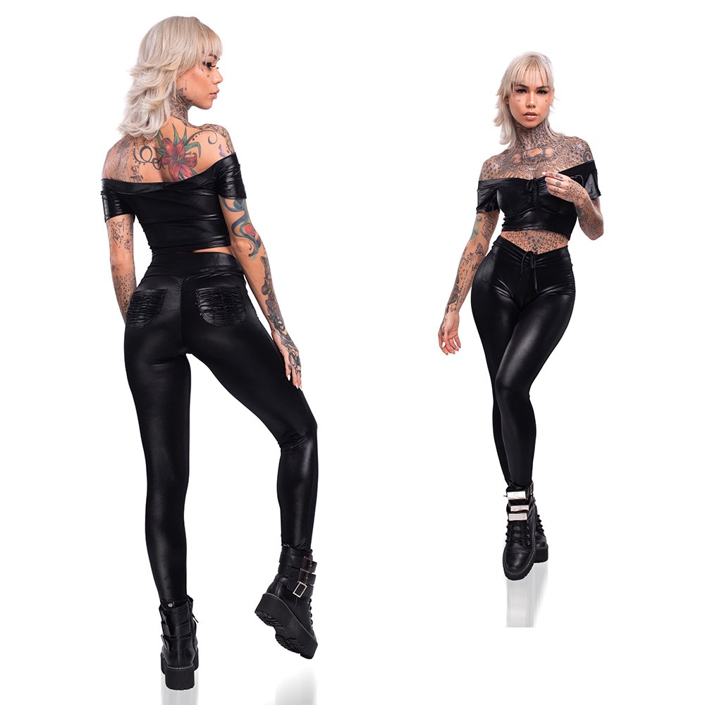 Conjunto Sensual Sexy em Cirre com Cal�a Levanta Bumbum e Cropped Preto | Foto 02