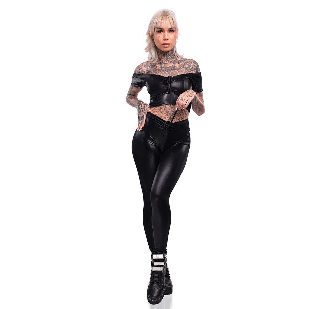 Conjunto Sensual Sexy em Cirre com Cal�a Levanta Bumbum e Cropped Preto | Foto 05
