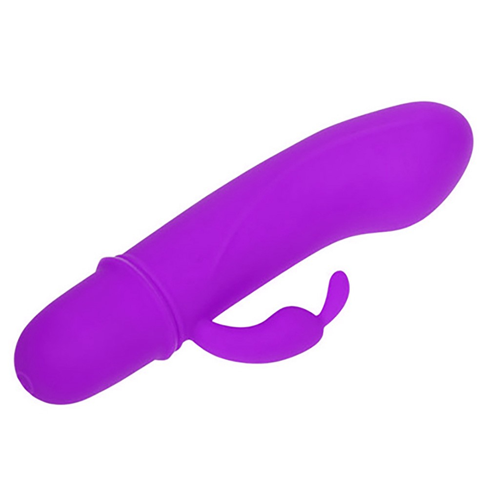 Vibrador Duplo em Silicone 10 Vibra��es Caesar Roxo - Vista lateral do vibrador mostrando o corpo principal curvado e o estimulador menor