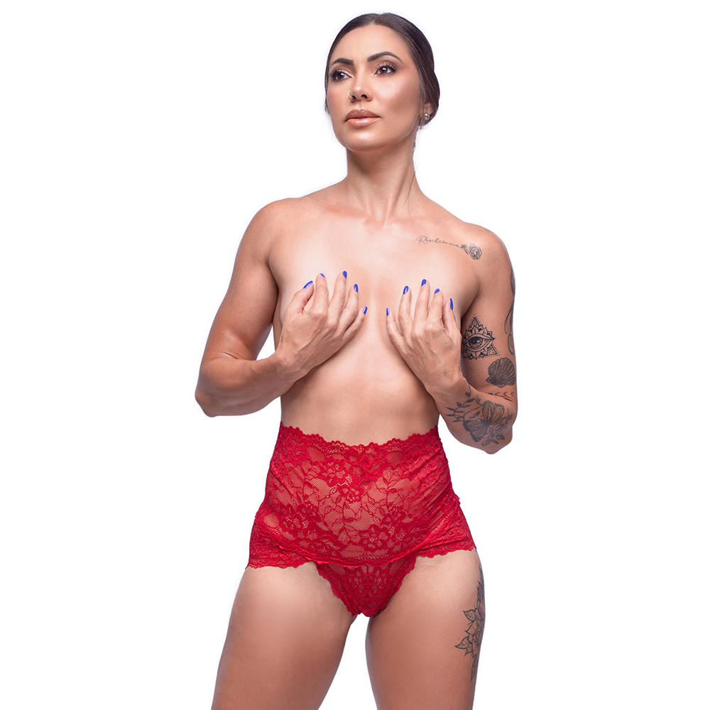 Calcinha Cale�on Sexy em Renda com Cintura Alta Vermelha - Vista Frontal Detalhe