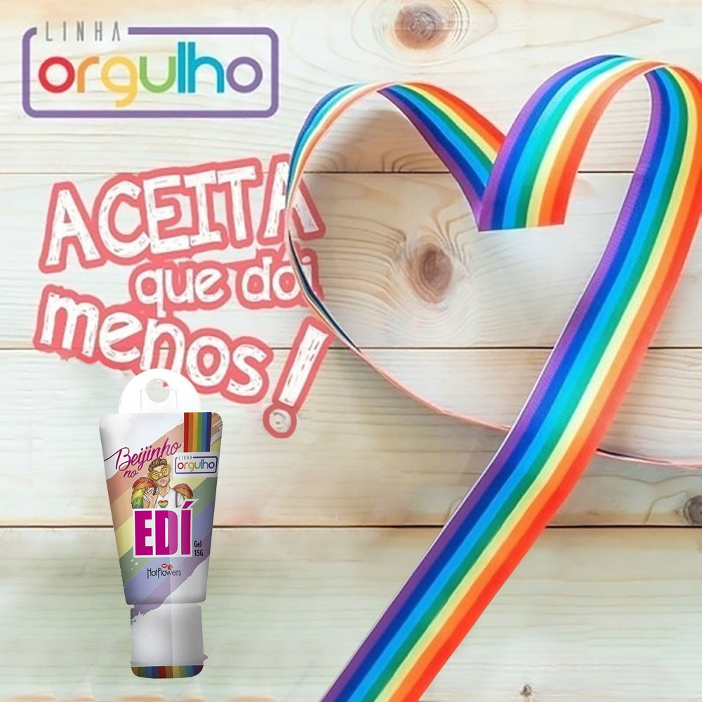 Gel Beijo Grego Beijinho no Ed� Tutti-Frutti 15ml em embalagem tem�tica Linha Orgulho com fita colorida em formato de cora��o
