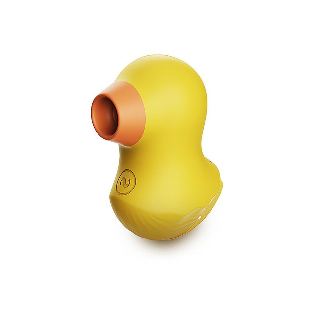 Sugador de Clit�ris em Silicone Recarreg�vel com 7 Vibra��es Duck Amarelo em vista lateral, destacando formato divertido de patinho e bocal de suc��o em tom laranja.