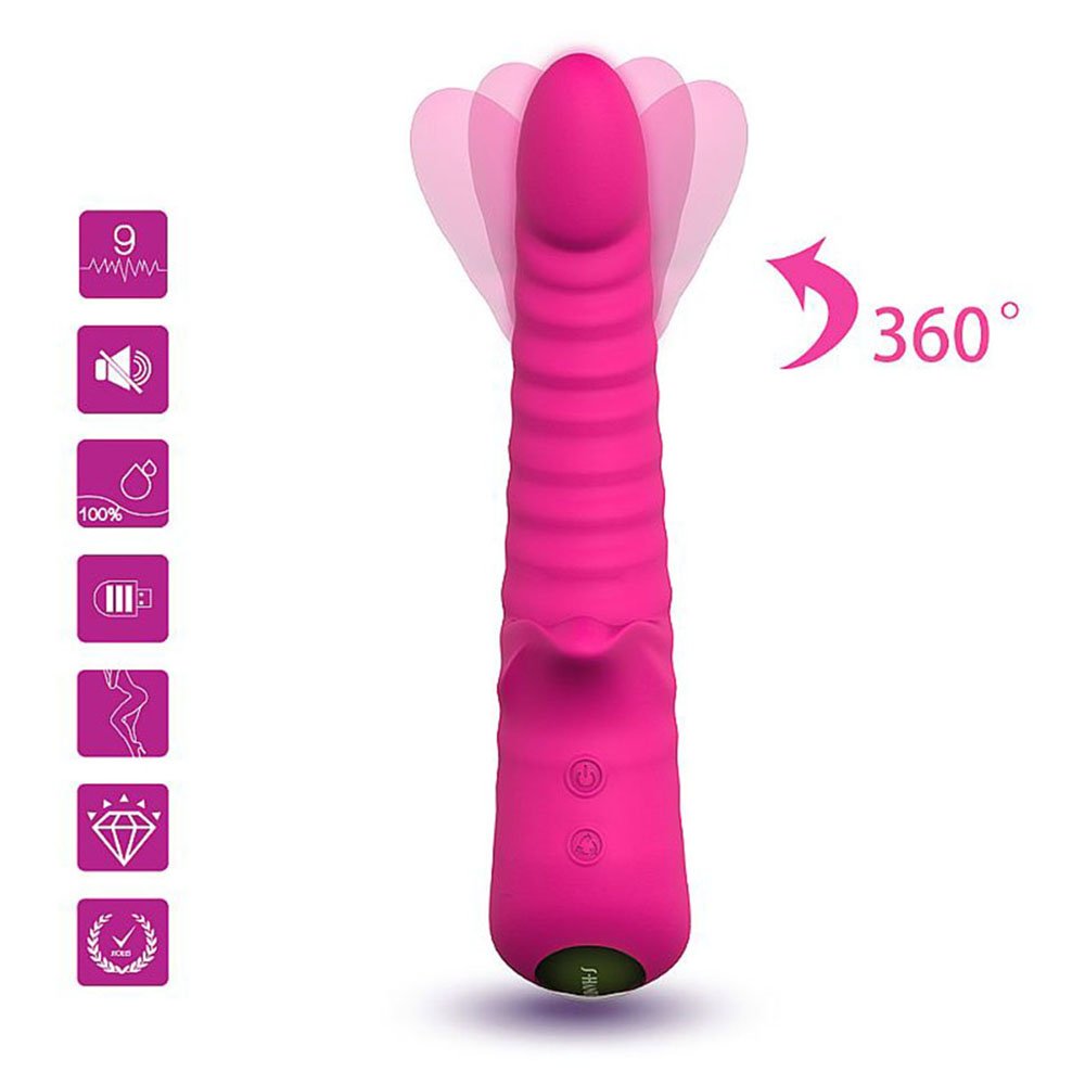 Vibrador Duplo Recarreg�vel em Silicone com 9 Vibra��es Aurora Pink vista frontal com 9 padr�es de vibra��o e rota��o 360