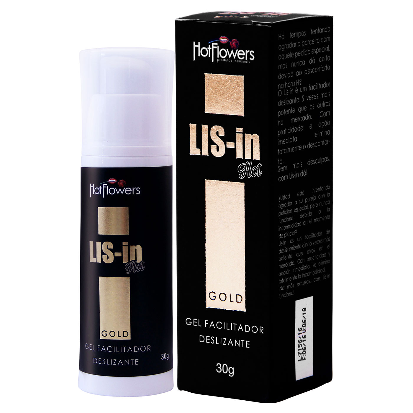 Embalagem do Gel para Sexo Anal Lis-In Gold 30g ao lado da caixa, destacando informa��es do produto