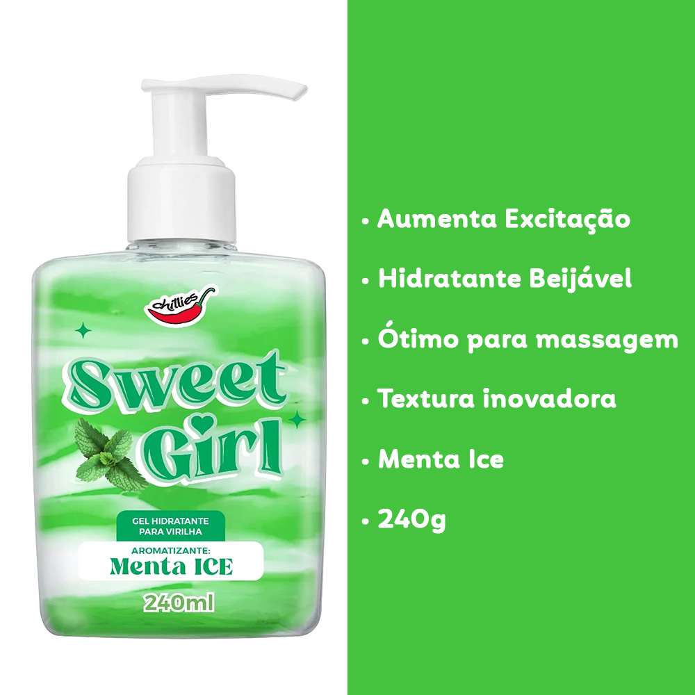 Gel Hidratante para Virilha Sweet Girl Menta Ice 240ml e seus benef�cios: Aumenta Excita��o, Hidratante Beij�vel, �timo para massagem, Textura inovadora, Menta Ice, 240g