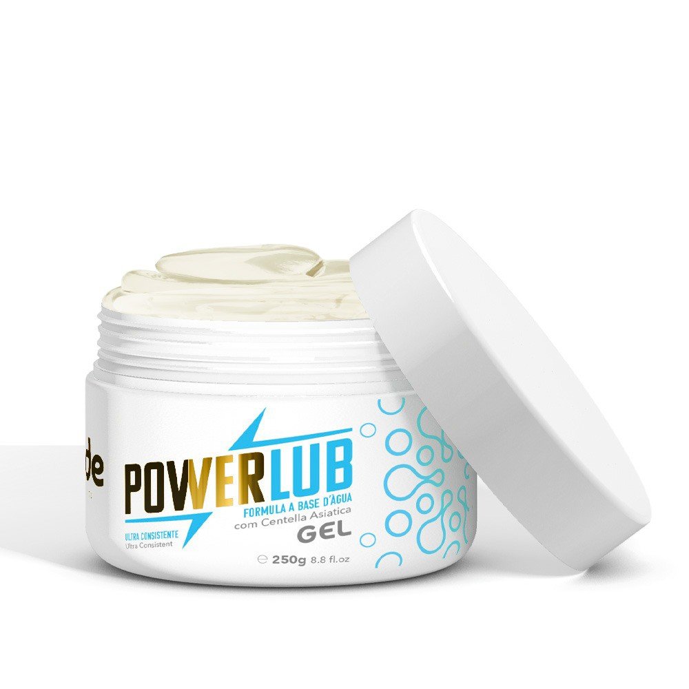 Kit de 6 potes de Lubrificante PowerLub Gel 250g, destacando a textura ultra consistente do gel fora do pote.