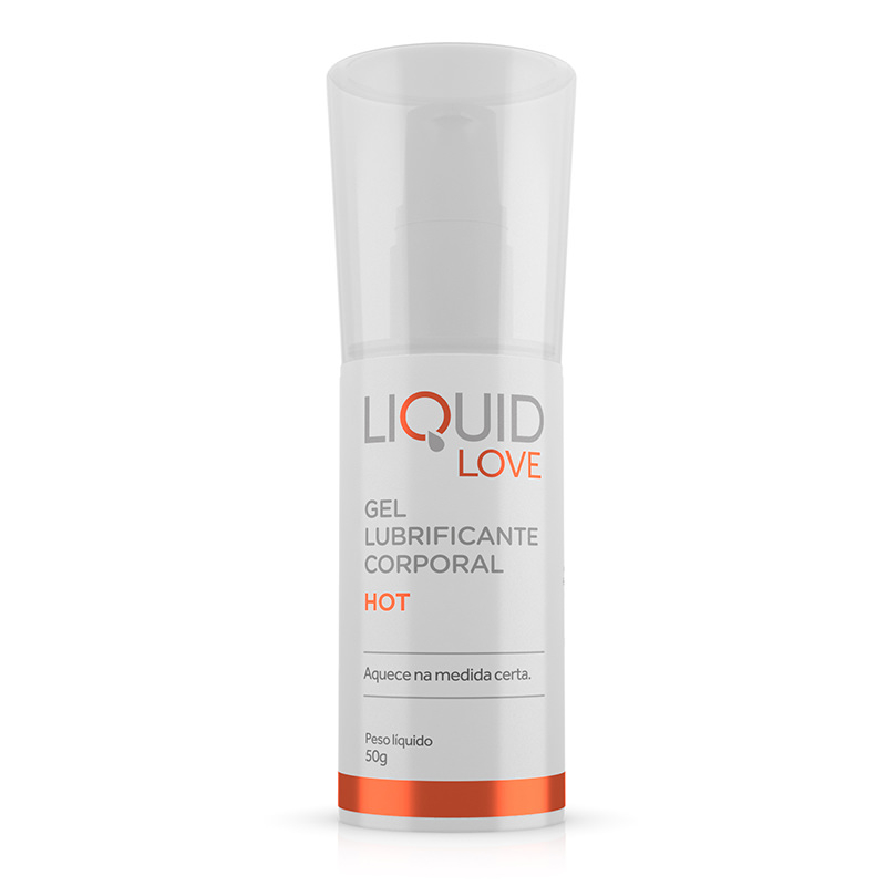 Lubrificante Corporal Esquenta Liquid Love 50g em frasco branco, com r�tulo Liquid Love em vermelho, indica��o de Gel Lubrificante Corporal Hot e Peso L�quido 50g.