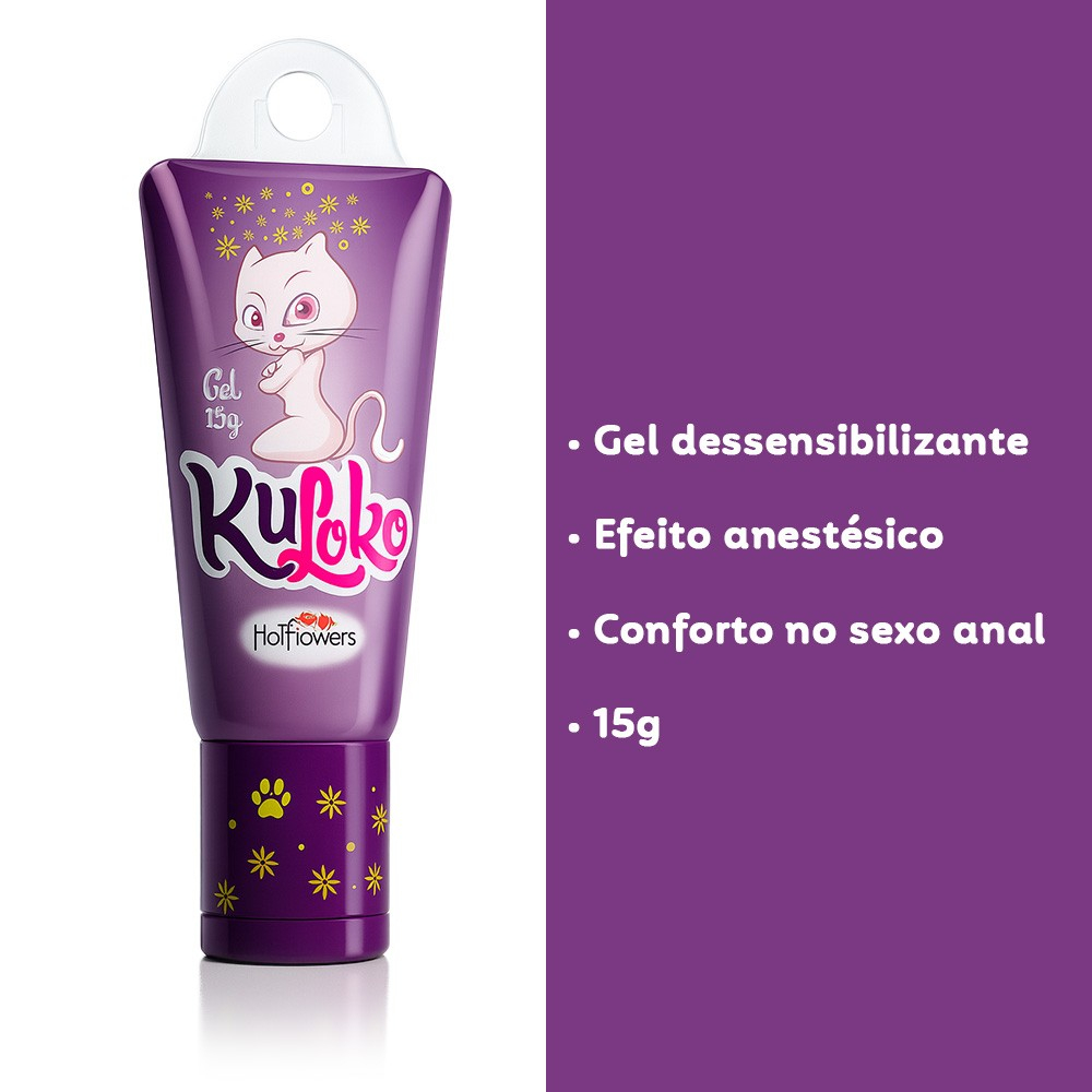 Kuloko Gel Dessensibilizante Anal 15g da Hot Flowers ao lado de lista de benef�cios: gel dessensibilizante, efeito anest�sico, conforto no sexo anal, 15g