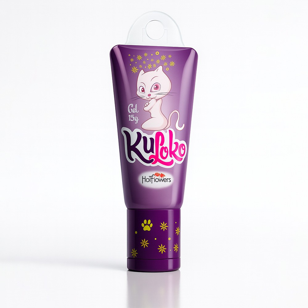 Kuloko Gel Dessensibilizante Anal 15g em vista frontal levemente angulada, mostrando design do frasco roxo com desenho de gato e informa��es do produto