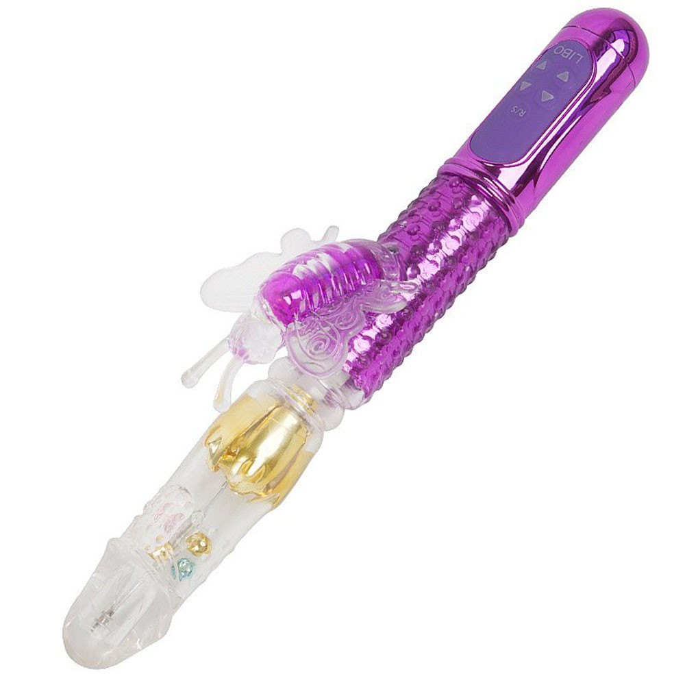 Vibrador Rabbit Rotativo Female Recarreg�vel Vai e Vem com 36 Vibra��es Roxo, detalhe da extremidade rotativa e de vai e vem