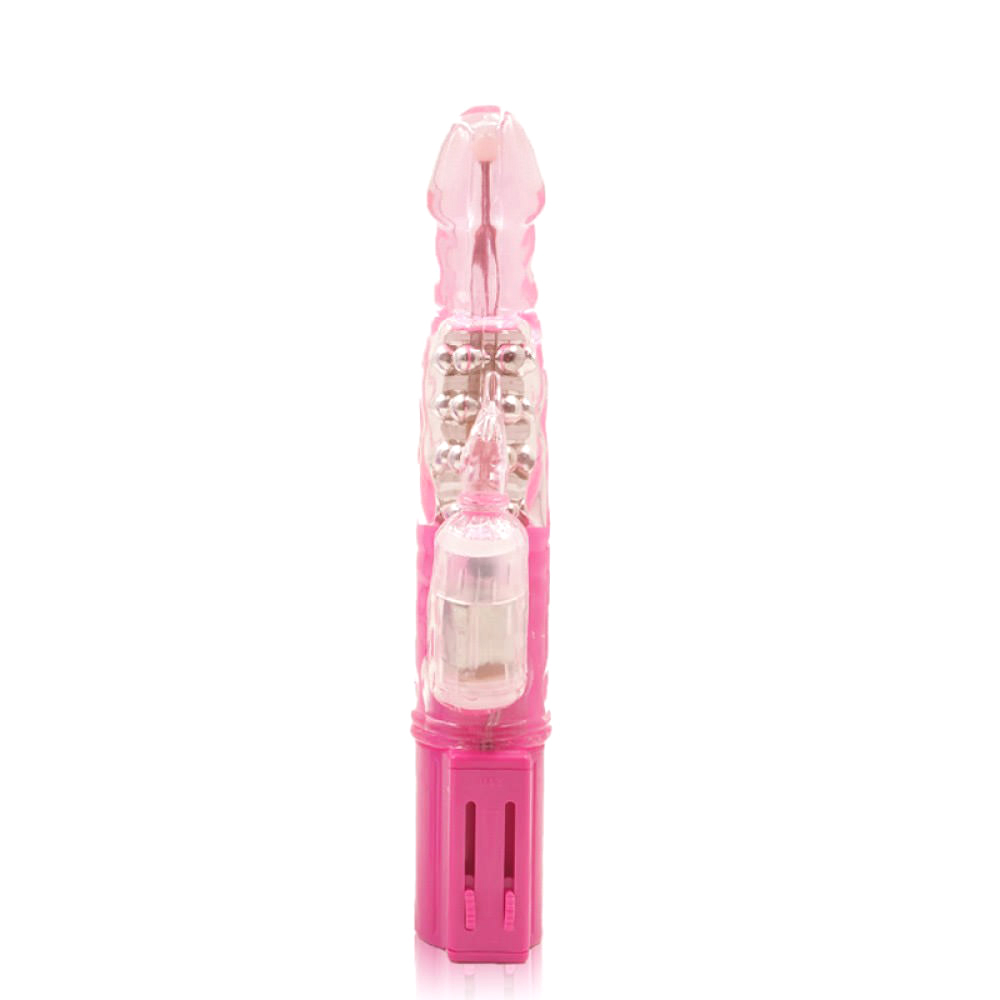 Vibrador Rabbit Rotativo Multivelocidade Serpente Rosa em uma vista frontal, destacando os detalhes do design interno e o vibrador externo.