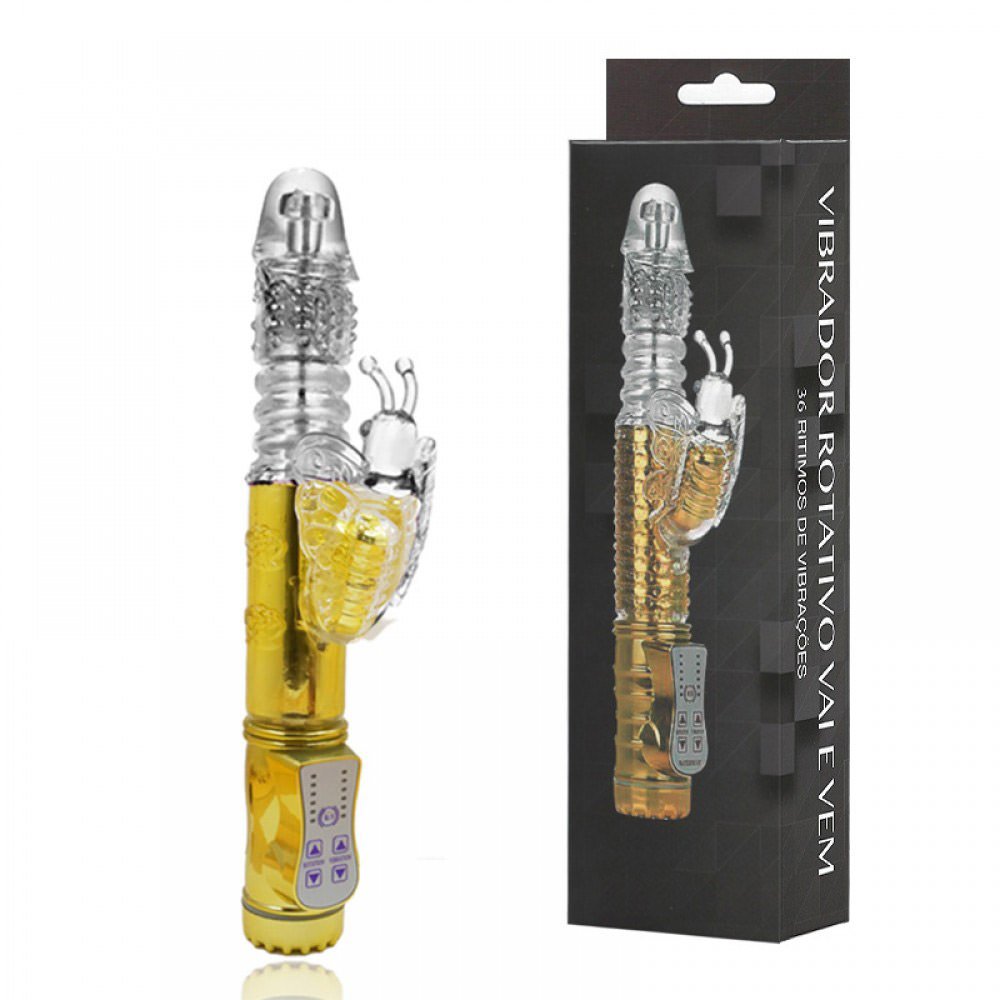 Vibrador Rabbit Rotativo Vai e Vem, 36 Vibra��es, Borboleta Dourado, mostrando embalagem e produto