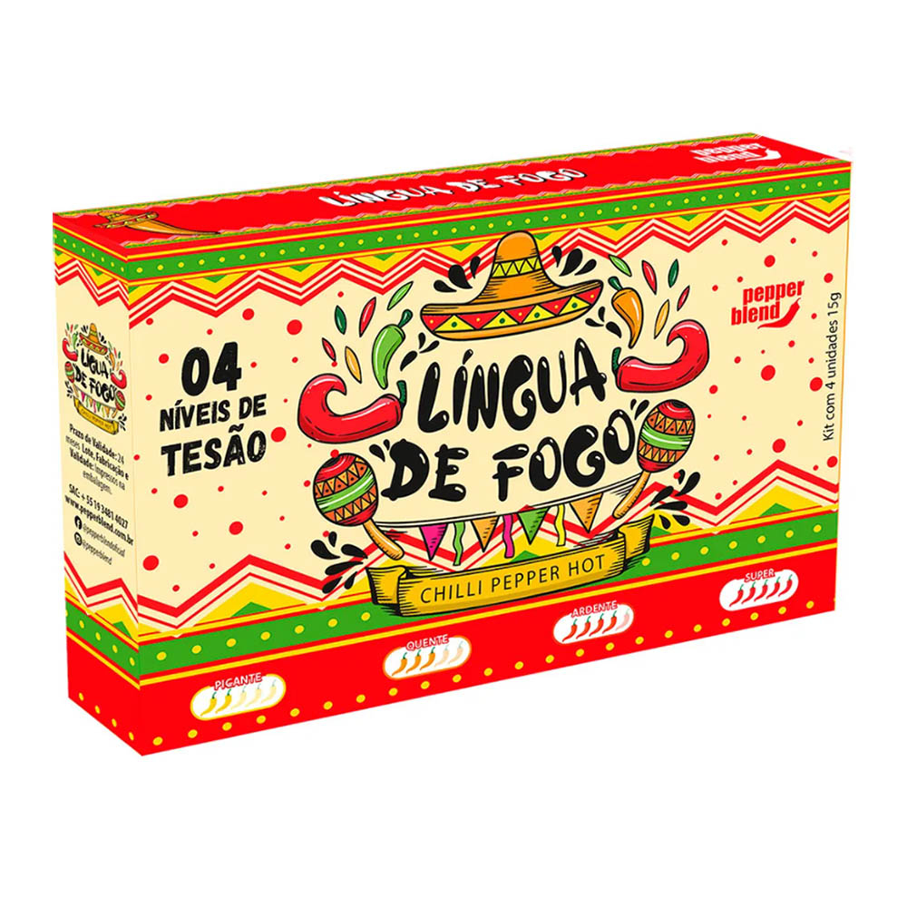 Caixa do kit L�ngua de Fogo com 4 n�veis de intensidade e elementos mexicanos decorativos