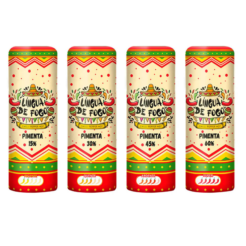 Conjunto de 4 g�is para sexo oral L�ngua de Fogo, cada um com um n�vel de pimenta diferente (15%, 30%, 45%, 60%)