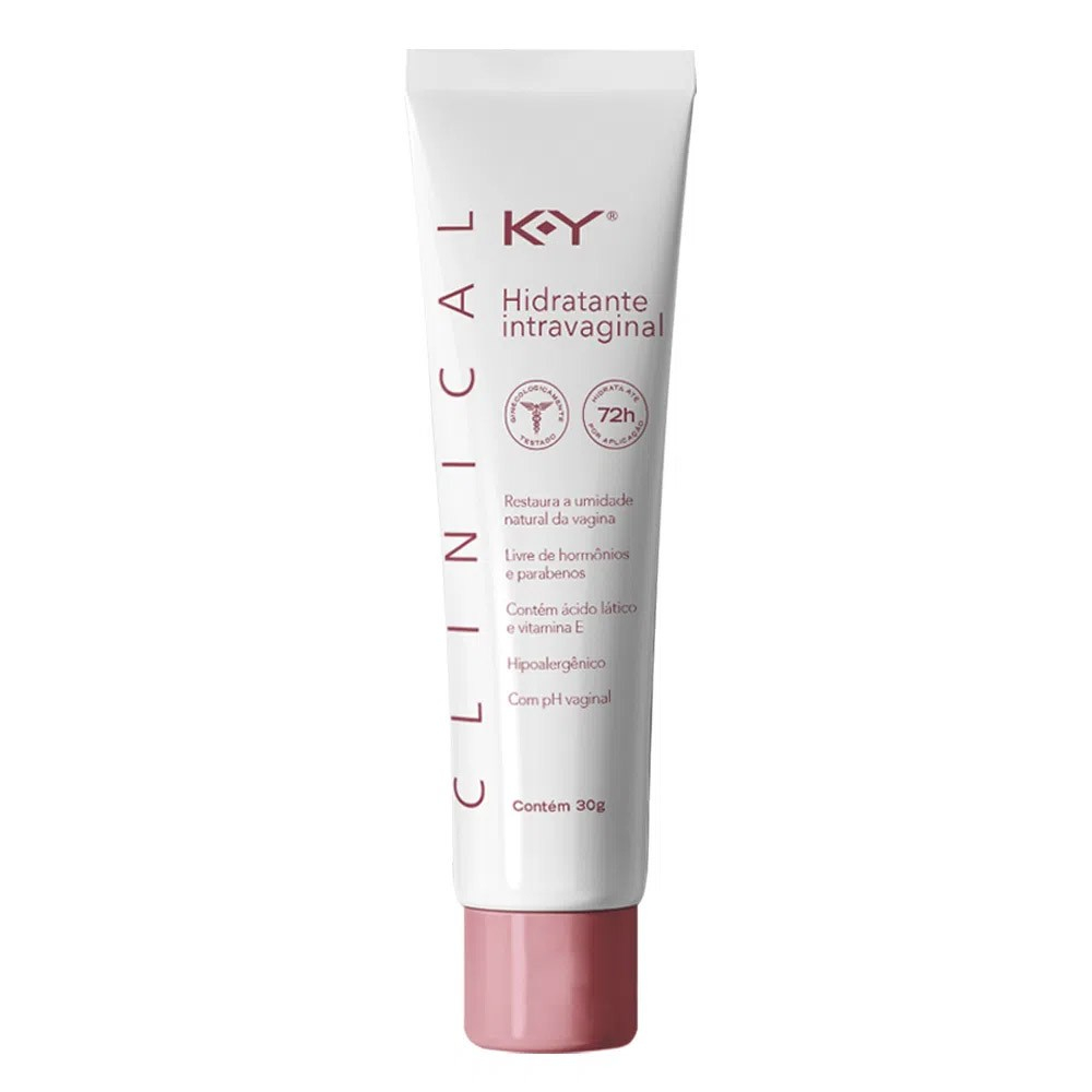 Hidratante Intravaginal Clinical KY em detalhes, mostrando a bisnaga com 30ml e 10 aplicadores separados