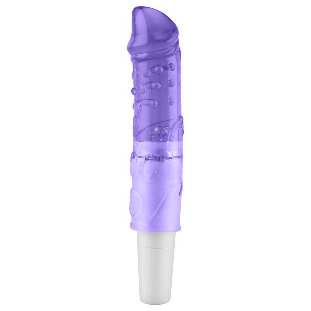 Vibrador Feminino em Jelly Real�stico Textura Love Sex In Her Roxo em vista lateral, evidenciando o design e as texturas