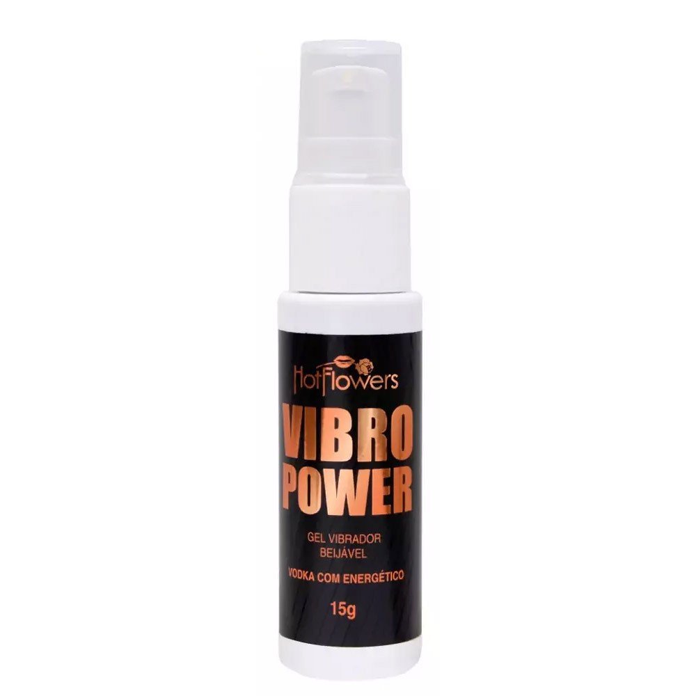 Vibrador L�quido Beij�vel Vibro Power Vodka com Energ�tico, close do frasco branco com detalhes em preto e laranja