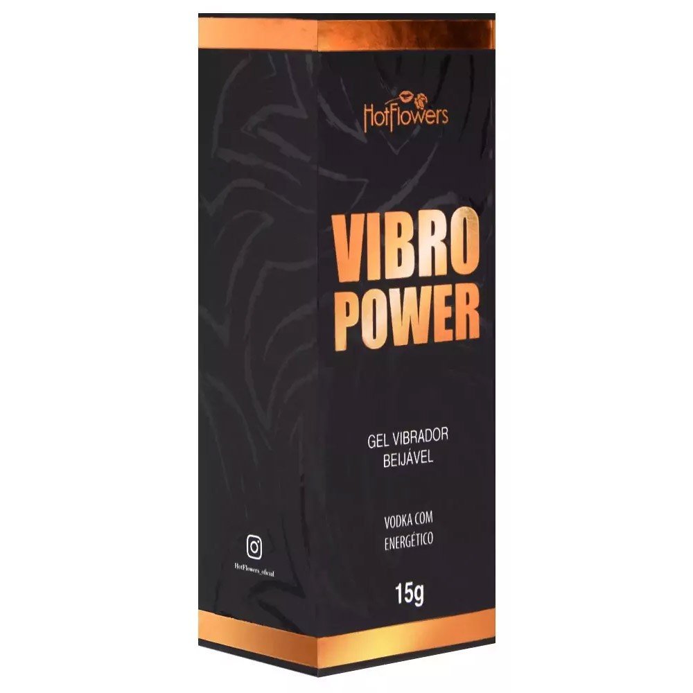Vibrador L�quido Beij�vel Vibro Power Vodka com Energ�tico, embalagem em preto e laranja com destaque para o nome do produto Hot Flowers