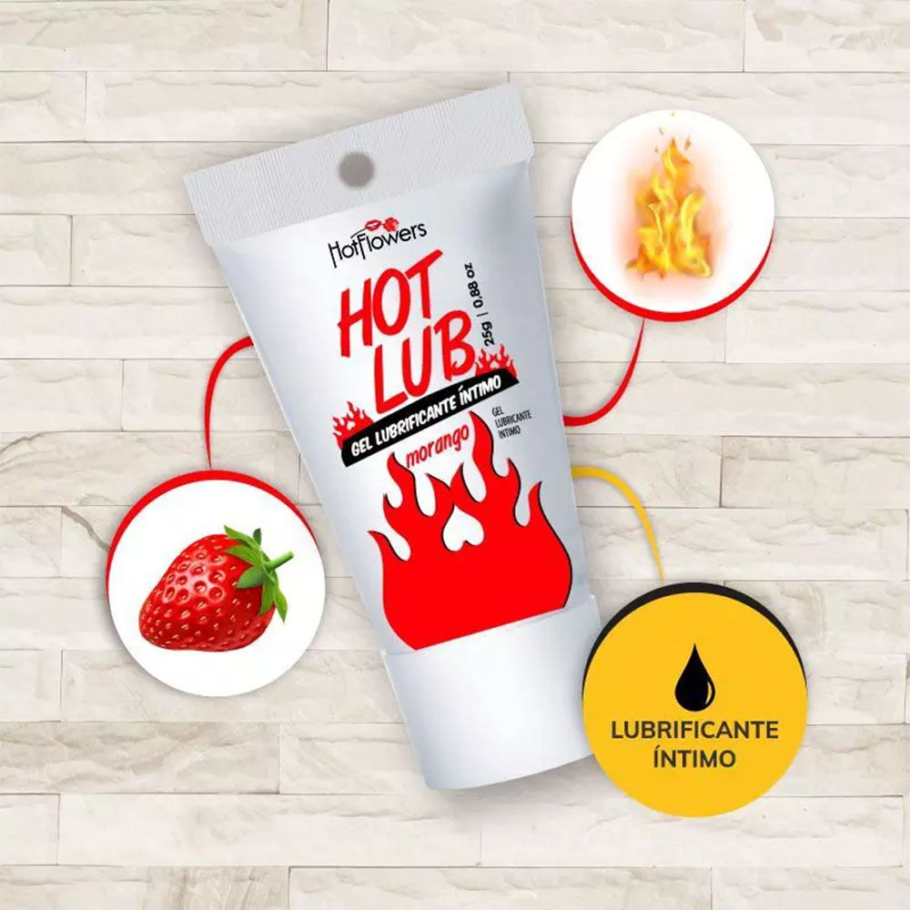 Lubrificante �ntimo Hot Lub Morango, imagem ilustrativa destacando morango e chamas para o efeito de aquecimento e sabor.