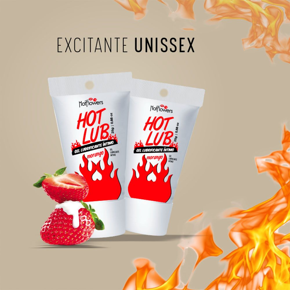 Duas embalagens do Lubrificante �ntimo Hot Lub Morango, com morangos e creme e a frase 'EXCITANTE UNISSEX'.