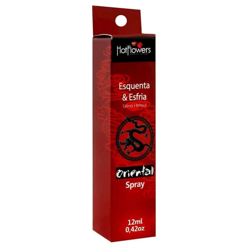 Embalagem do Excitante Unissex em Spray Esquenta e Esfria Oriental da Hot Flowers mostrando o efeito 'Esquenta & Esfria'