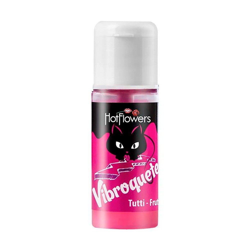 Gel para Sexo Oral Vibroquete Tutti-Frutti (Hot Flowers), frasco rosa com tampa branca, r�tulo com gatinho preto e raios, sobre fundo branco