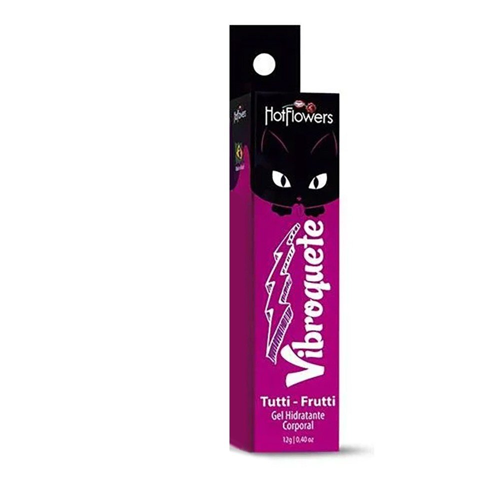 Embalagem do Gel para Sexo Oral Vibroquete Tutti-Frutti (Hot Flowers), caixa roxa com o gatinho preto e o nome do produto, com o frasco ao lado. Fundo branco.