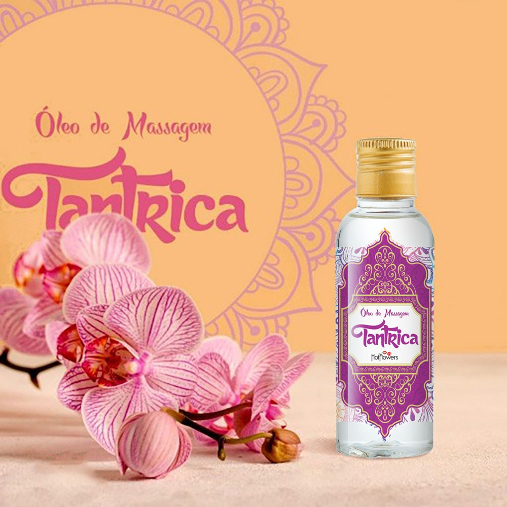 �leo para Massagem Sensual T�ntrica Vegano 120ml em ambiente relaxante com flores, destacando embalagem e design