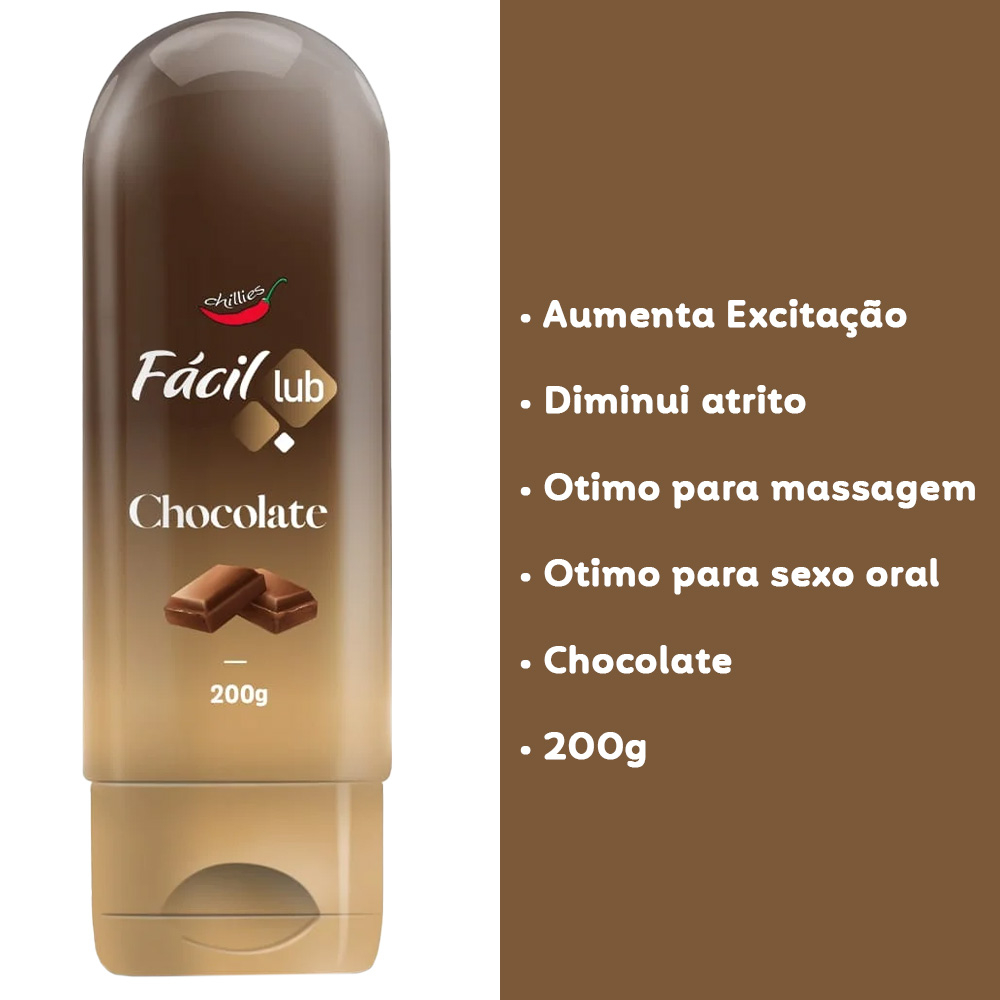 Lubrificante � Base de �gua Beij�vel F�cil Lub Sabor Chocolate 200g, mostrando a embalagem com informa��es sobre excita��o, atrito, massagem e sexo oral.