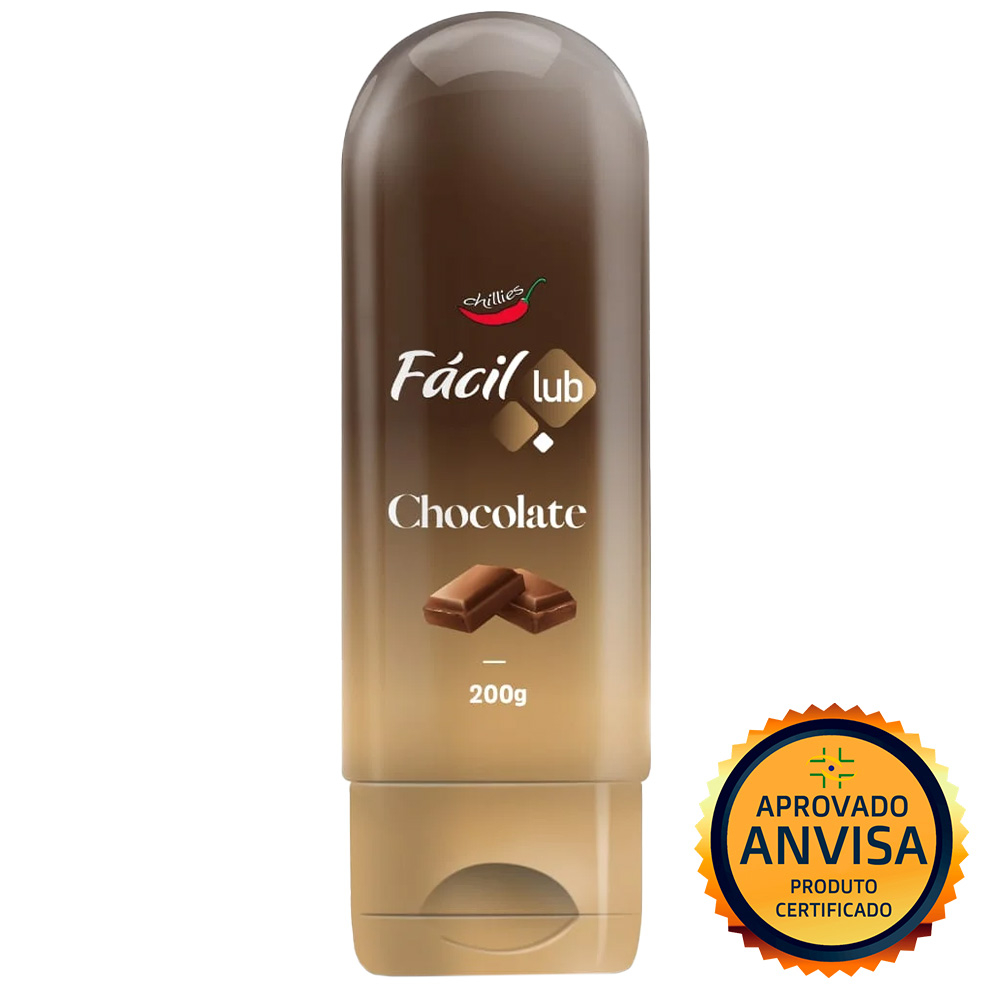 Lubrificante � Base de �gua Beij�vel F�cil Lub Sabor Chocolate 200g, mostrando a embalagem ao lado de um selo 'APROVADO ANVISA PRODUTO CERTIFICADO'.