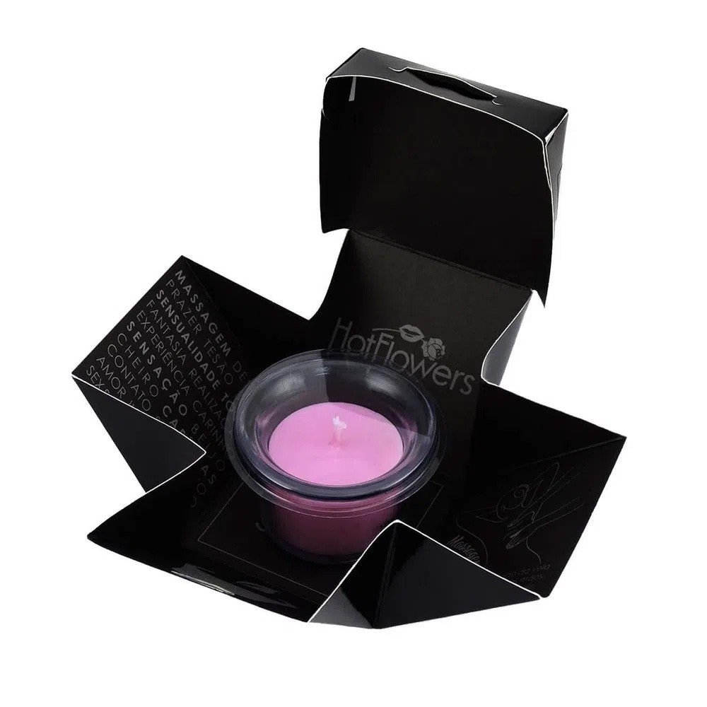 Vela para Massagem Sex Sens Love Aroma Adocicado, produto aberto com a vela rosa em seu recipiente, destacando a embalagem preta e rosa da Hot Flowers
