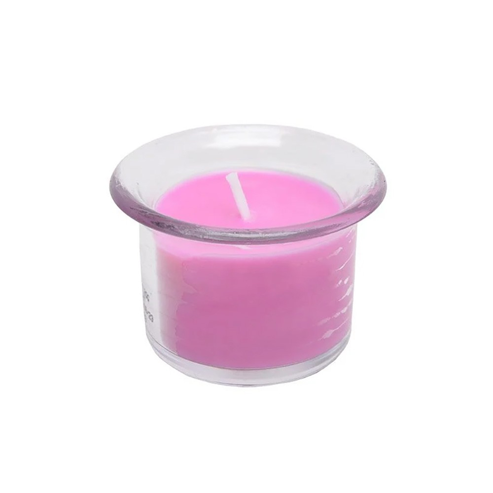 Vela para Massagem Sex Sens Love Aroma Adocicado em seu recipiente de vidro transparente, em close-up, mostrando a cera rosa e o pavio